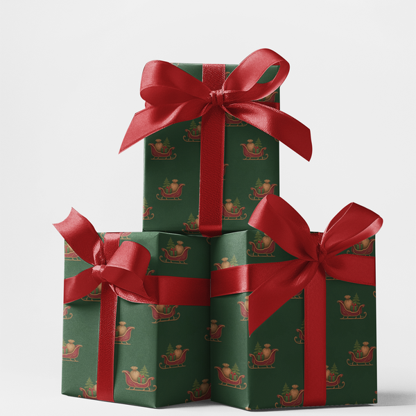 Christmas Sleigh Gift Wrap, Santa Sleigh Wrapping Paper, Holiday Festive Pattern Wrapping Paper, Xmas Present Gift Wrap