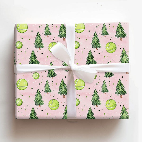 Watercolor Pine Tree Gift Wrap, Tennis Tree Wrapping Paper, Tennis Lover Christmas Wrapping Paper, Festive Sports Holiday Gif