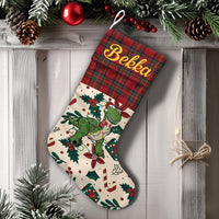 Custom Name Red Plaid Stocking, Personalized Dinosaur Christmas Stocking, Dino Holiday Mantel Decor, Velboa Kids Christmas Stocking