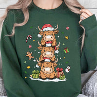 Adorable Stacked Cows Holiday Crewneck, Highland Cow Christmas Sweatshirt, Festive Farm Winter Pullover, Comfy Xmas Animal Sweater Present