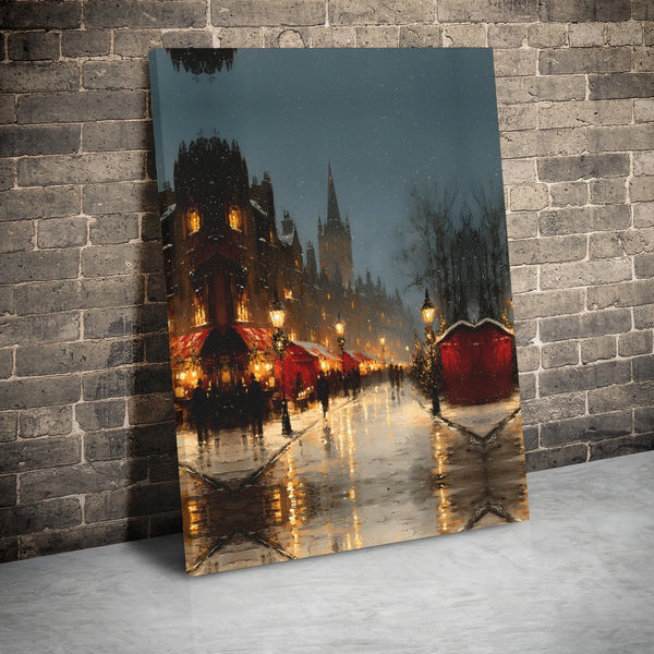 Snowy Night Town Scene Canvas Print, Christmas Market European Village Canvas Wall Art, Festive Winter Holiday Canvas Decor, 