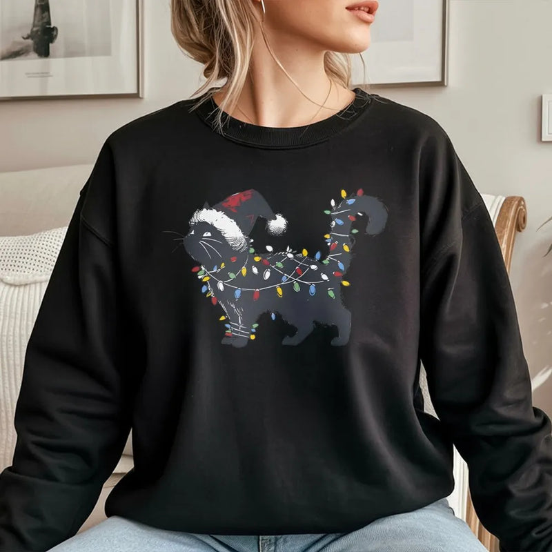 Santa Hat Cat with String Lights Crewneck, Black Cat Christmas Sweatshirt, Retro Holiday Cat Pullover, Humorous Cat Lover Xmas Sweater