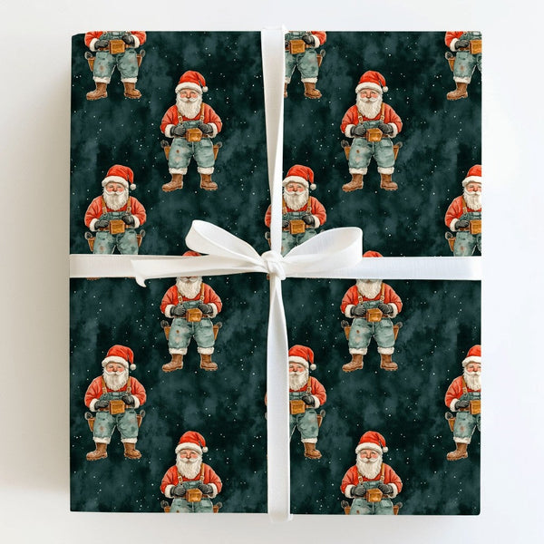 Blue Collar DIY Santa Gift Wrap, Handyman Santa Wrapping Paper, Tool Belt Carpenter Christmas Wrapping Paper, Builder Holiday