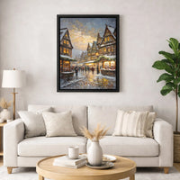 European Winter Village Canvas, Snowy Christmas Market Canvas Print, Holiday Street Oil Painting Wall Art, Festive Christmas Canvas Decor