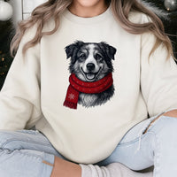 Adorable Dog in Red Scarf Sweatshirt, Border Collie Christmas Sweatshirt, Retro Collie Holiday Crewneck Sweatshirt, Pet Lover Xmas Sweater Present