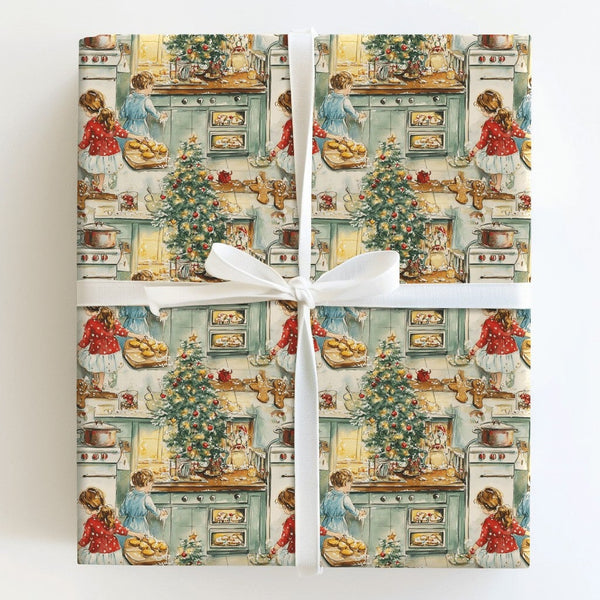 Nostalgic Kitchen Holiday Gift Wrap, Vintage Christmas Baking Wrapping Paper, Storybook Holiday Tree Wrapping Paper, Festive 