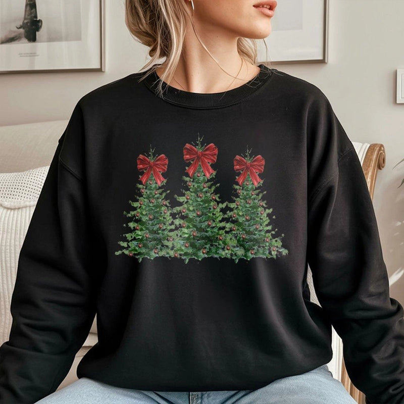 Coquette Red Bow Christmas Sweater, Christmas Tree Sweatshirt, Aesthetic Holiday Tree Crewneck, Adorable Winter Pullover, Xmas Present for Women