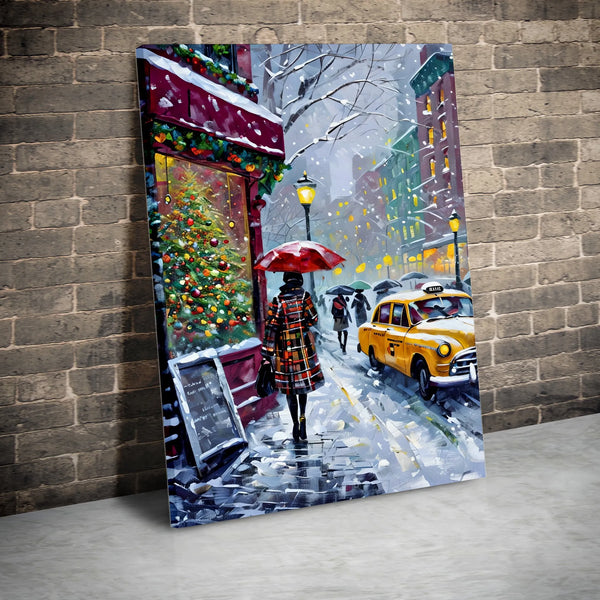 Snowy NYC Taxi Street Scene Canvas Print, New York City Christmas Canvas Wall Art, Holiday City Wall Decor, Winter NYC Canvas