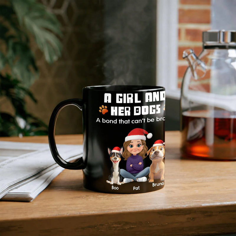 Adorable Cartoon Girl and Dogs Christmas Mug, Custom Dog Mom Ceramic Mug, Personalized Pet Lover Holiday Coffee Cup, Xmas Present for Her