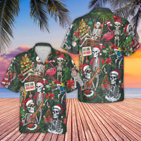 Skeleton Flamingo Holiday Shirt, Dead End Christmas Hawaiian Shirt, Tropical Xmas Graphic Shirt, Beach Party Button Up, Festive Present for Men