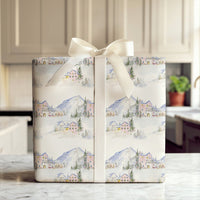 Winter Mountain Village Wrapping Paper, Pink Ski Lodge Wrapping Paper, Watercolor Alpine Holiday Gift Wrap, Christmas Wrapping Paper