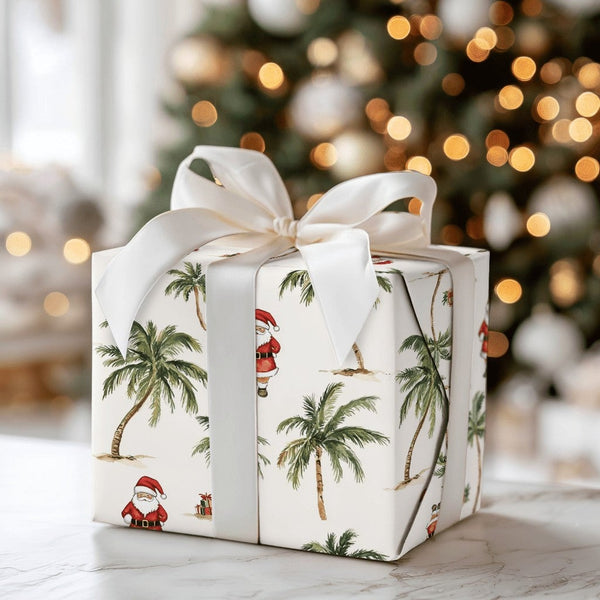 Beach Palm Tree Holiday Gift Wrap, Tropical Santa Christmas Wrapping Paper, Coastal Santa Wrapping Paper, Summer Xmas Gift Wr
