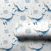 Adorable Narwhal Christmas Gift Wrap, Watercolor Narwhal Wrapping Paper, Winter Wonderland Narwhal Wrapping Paper, Holiday Animal Gift Wrap