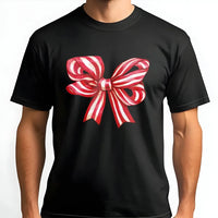 Retro Striped Ribbon T-Shirt, Christmas Bow Shirt, Adorable Holiday Bow Tee, Festive Christmas Graphic Shirt, Vintage Ribbon Xmas Shirt