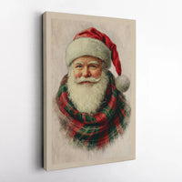 Vintage Santa Claus Canvas Print, Santa Claus Canvas Wall Art, Plaid Scarf Christmas Canvas, Holiday Wall Art, Festive Home Decor Present