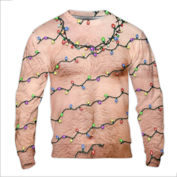 Realistic Fake Body Print Fleece Pullover, Hairy Chest Christmas Lights Ugly Sweater, Humorous Holiday Gag Present Party Swea