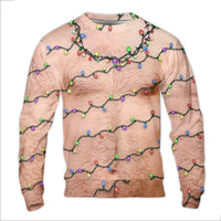 Realistic Fake Body Print Fleece Pullover, Hairy Chest Christmas Lights Ugly Sweater, Humorous Holiday Gag Present Party Sweatshirt