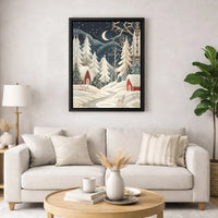 Snowy Winter Night Cabin Wall Art, Christmas Village Canvas Print, Comfy Holiday Landscape Decor, Xmas Digital Download Home Decor