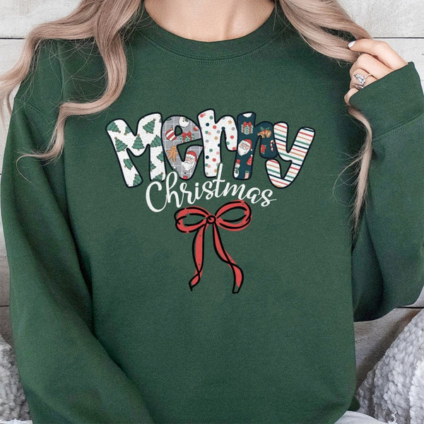 Festive Pattern Bow Sweatshirt, Merry Christmas Sweatshirt, Holiday Red Bow Crewneck, Adorable Xmas Graphic Sweatshirt, Winte