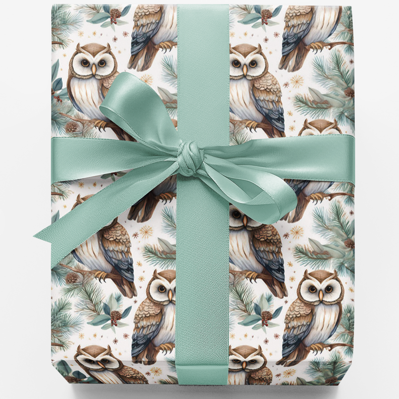 Watercolor Woodland Christmas Gift Wrap, Winter Owl Wrapping Paper, Pinecone Snowy Present Wrap, Nature Holiday Gift Wrap Paper Roll