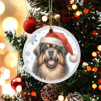 Santa Hat Dog Ornament, Tibetan Mastiff Christmas Ornament, Adorable Puppy Ceramic Ornament, Pet Lover Holiday Tree Decoration Present