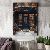 Snowy Winter Shop Holiday Art Print, Christmas Bookstore Canvas Wall Art, Comfy Book Lover Christmas Canvas Poster, Digital Download