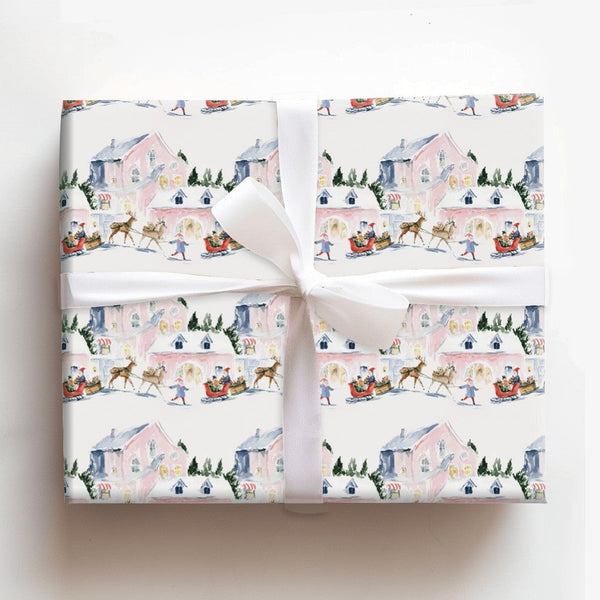 Watercolor Santa Sleigh Gift Wrap, Snowy Village Christmas Wrapping Paper, Whimsical Winter Village Wrapping Paper, Holiday G