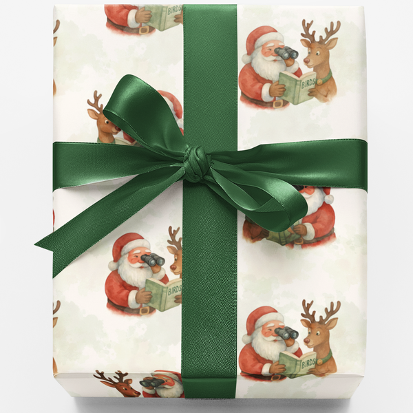 Whimsical Christmas Wrapping Paper, Birdwatching Santa Wrapping Paper, Santa and Reindeer Gift Wrap, Nature Lover Holiday Wra