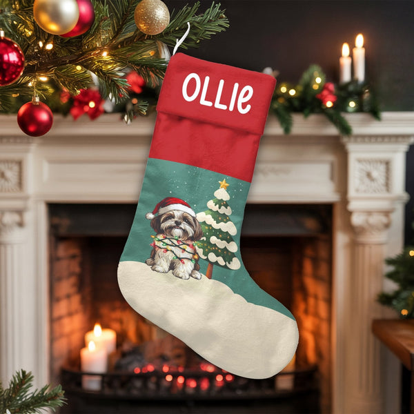 Santa Dog Lights Holiday Stocking, Personalized Shih Tzu Christmas Stocking, Adorable Puppy Christmas Stocking, Velboa Pet Lo