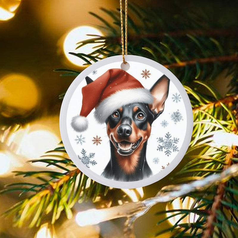 Adorable Min Pin Santa Hat Ceramic Ornament, Miniature Pinscher Christmas Ornament, Holiday Dog Tree Ornament, Min Pin Dog Lover Xmas Present