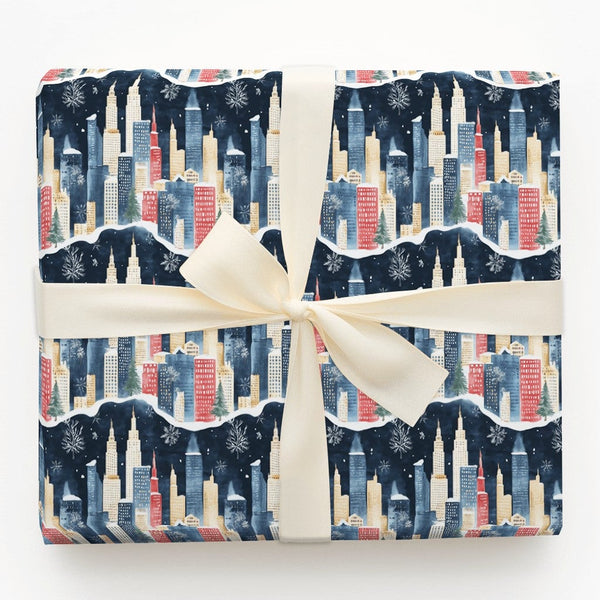Watercolor Snowy Urban Gift Wrap, Winter City Skyline Wrapping Paper, Festive Christmas City Present Wrap, Holiday Packaging 