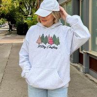 Adorable Pink & Green Forest Sweatshirt, Merry Christmas Tree Hoodie, Festive Holiday Tree Pullover, Comfy Winter Xmas Apparel Present