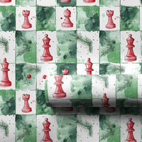 Watercolor Checkerboard Gift Wrap, Chess Christmas Wrapping Paper, Red Chess Pieces Wrapping Paper, Holiday Board Game Wrapping Paper