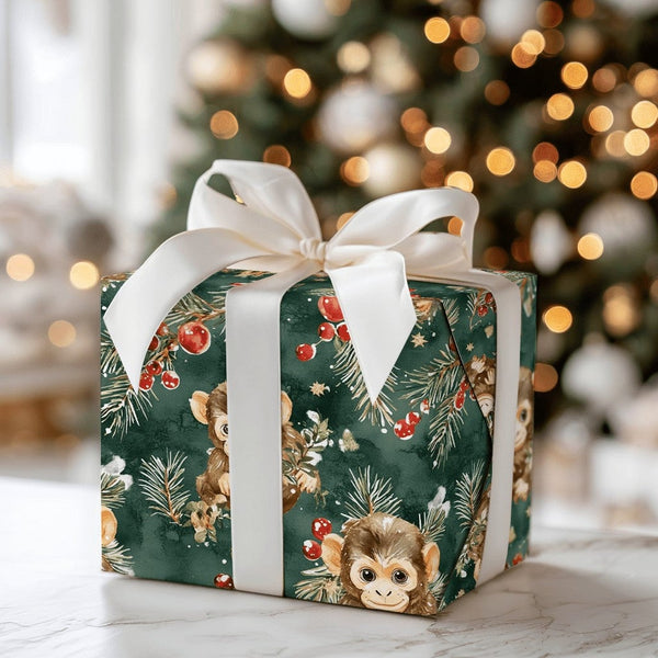 Adorable Animal Holiday Gift Wrap, Watercolor Baby Monkey Christmas Wrapping Paper, Pine Berry Monkey Wrapping Paper, Green X