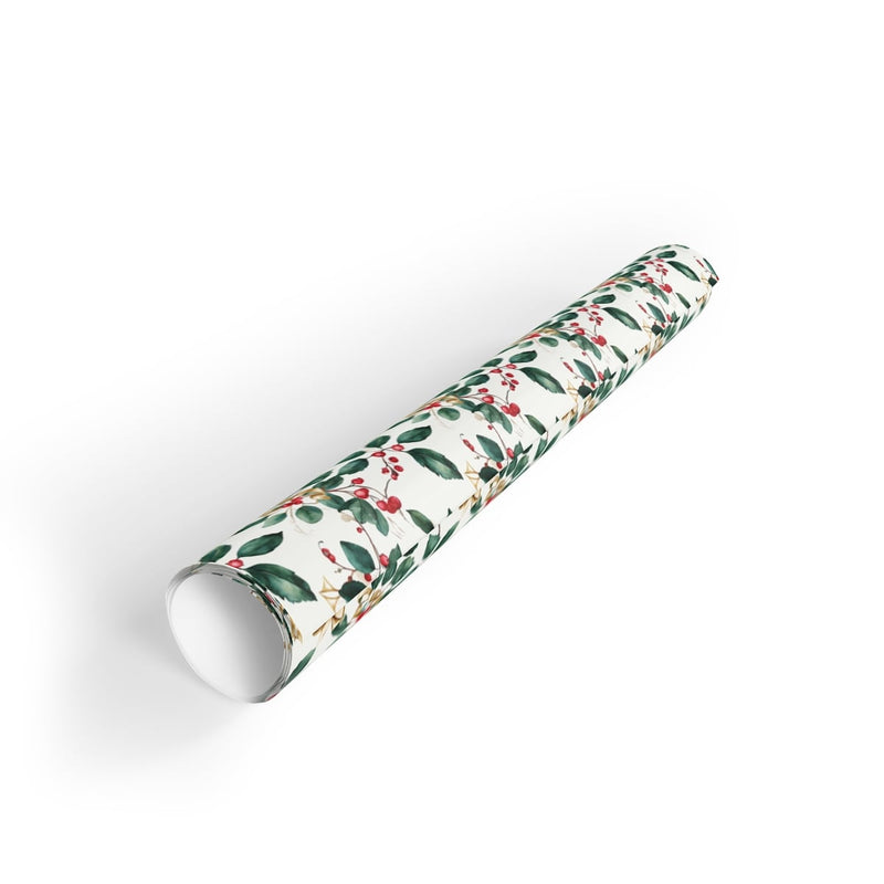Christmas Berries Gift Wrap, Holly and Bells Wrapping Paper, Golden Bell Festive Wrapping Paper, Holiday Present Paper Roll, Xmas Gift Wrap