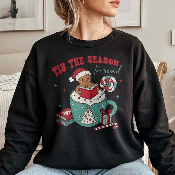 Gingerbread Book Lover Christmas Crewneck, Tis the Season to Read Sweatshirt, Adorable Holiday Reader Pullover, Librarian Xma