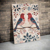 Folk Art Holiday Berry Canvas Print, Winter Bird Canvas Wall Art, Snowflake Winter Scene Wall Decor, Seasonal Christmas Gallery Canvas Art