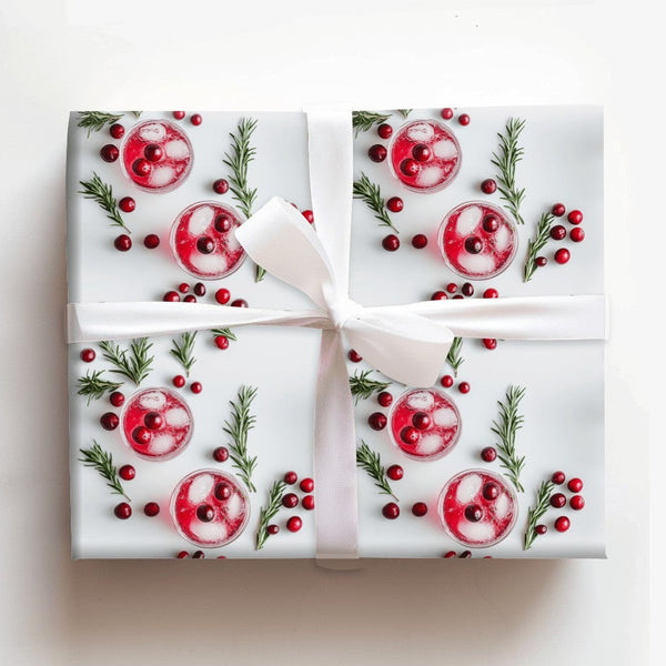 Rosemary Drink Christmas Gift Wrap, Cranberry Cocktail Wrapping Paper, Holiday Party Gift Wrap Paper, Festive Winter Beverage