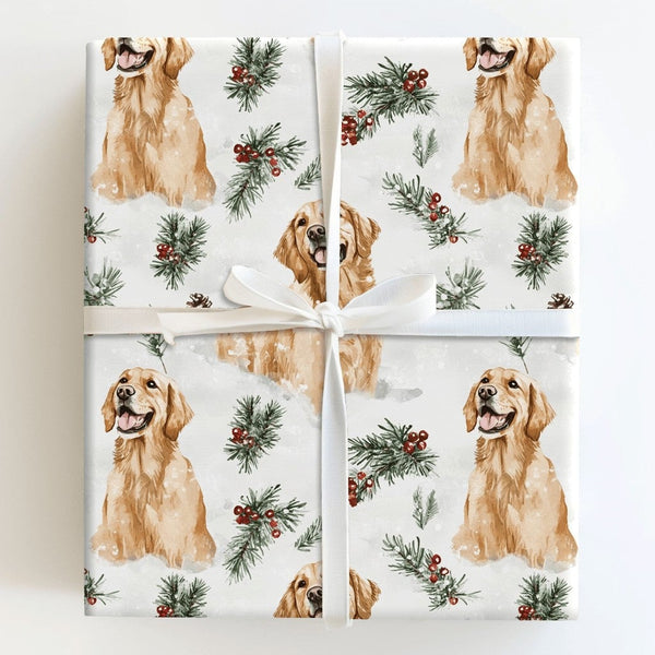 Watercolor Winter Dog Gift Wrap, Golden Retriever Wrapping Paper, Christmas Dog Gift Wrapping Paper, Holiday Pet Gift Wrap