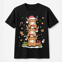 Adorable Farm Animal Holiday Graphic Tee, Stacked Highland Cow Christmas T-Shirt, Festive Winter Cattle Shirt, Xmas Graphic T-Shirt