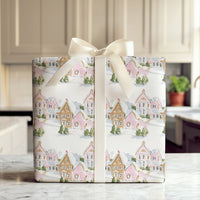 Watercolor Christmas Village Gift Wrap, Pink Gingerbread House Wrapping Paper, Whimsical Holiday Wrapping Paper, Adorable Xmas Gift Wrap Roll