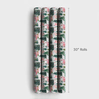 Watercolor Holiday Gift Wrap, Pastel Winter Village Christmas Wrapping Paper, Pink Green Christmas Tree Wrap, Comfy Snowy Village Present Paper