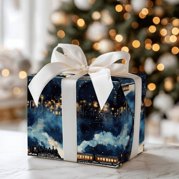 Snowy Village Holiday Gift Wrap, Christmas Train Wrapping Paper, Vintage Steam Train Winter Wrapping Paper, Festive Night Sce
