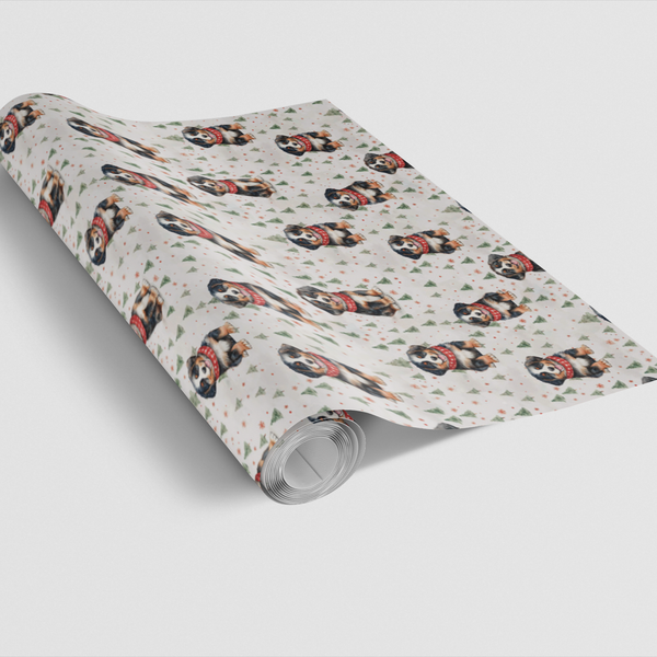 Christmas Puppy Holiday Gift Wrap, Bernese Mountain Dog Wrapping Paper, Watercolor Dog Wrapping Paper Roll, Dog Lover Xmas Pr