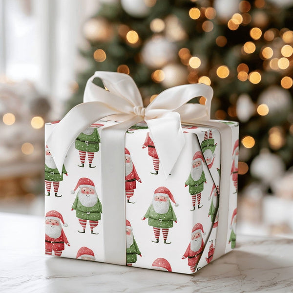 Adorable Christmas Gift Wrap, Watercolor Santa and Elf Wrapping Paper, Holiday Present Wrap, Whimsical Xmas Wrapping Paper, F