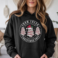 Retro Holiday Cake Graphic Sweatshirt, Farm Fresh Christmas Tree Cake Hoodie, Christmas Tree Dessert Hooded Pullover, Xmas Winter Present