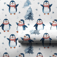 Watercolor Pine Tree Gift Wrap, Adorable Penguin Christmas Wrapping Paper, Winter Penguin Holiday Wrapping Paper, Festive Kids Gift Wrap Roll