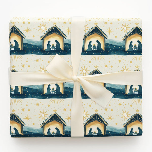 Holy Family Manger Gift Wrap, Nativity Scene Christmas Wrapping Paper, Starry Night Religious Holiday Wrapping Paper, Christi