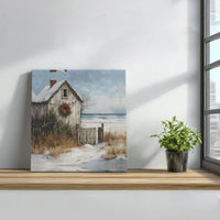 Snowy Beach House Oil Painting Canvas, Coastal Christmas Cottage Square Canvas, Coastal Christmas Wall Art, Holiday Beach Home Decor Present