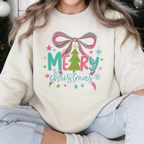Pastel Pink Tree Holiday Crewneck, Coquette Christmas Tree Bow Sweatshirt, Preppy Coquette Xmas Sweater, Adorable Winter Holi